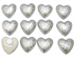Drewniane serca brokatowe srebrne z przylepcem 12szt
